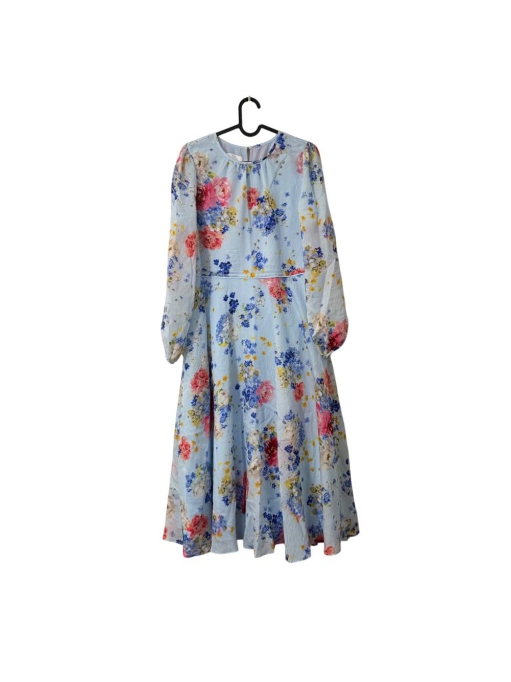 Hobbs London Baby Blue Floral Puff Sleeve Midi Dress Womens Size 8